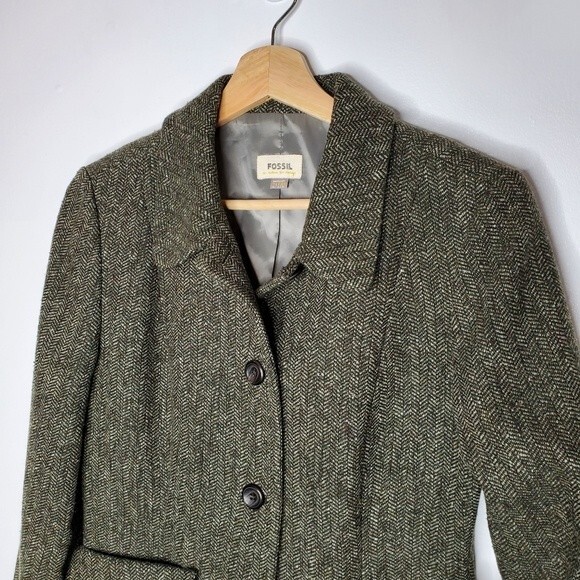 RETRO Fossil Dark Green Tweed Button Up Blazer Size 4 - Picture 4 of 9